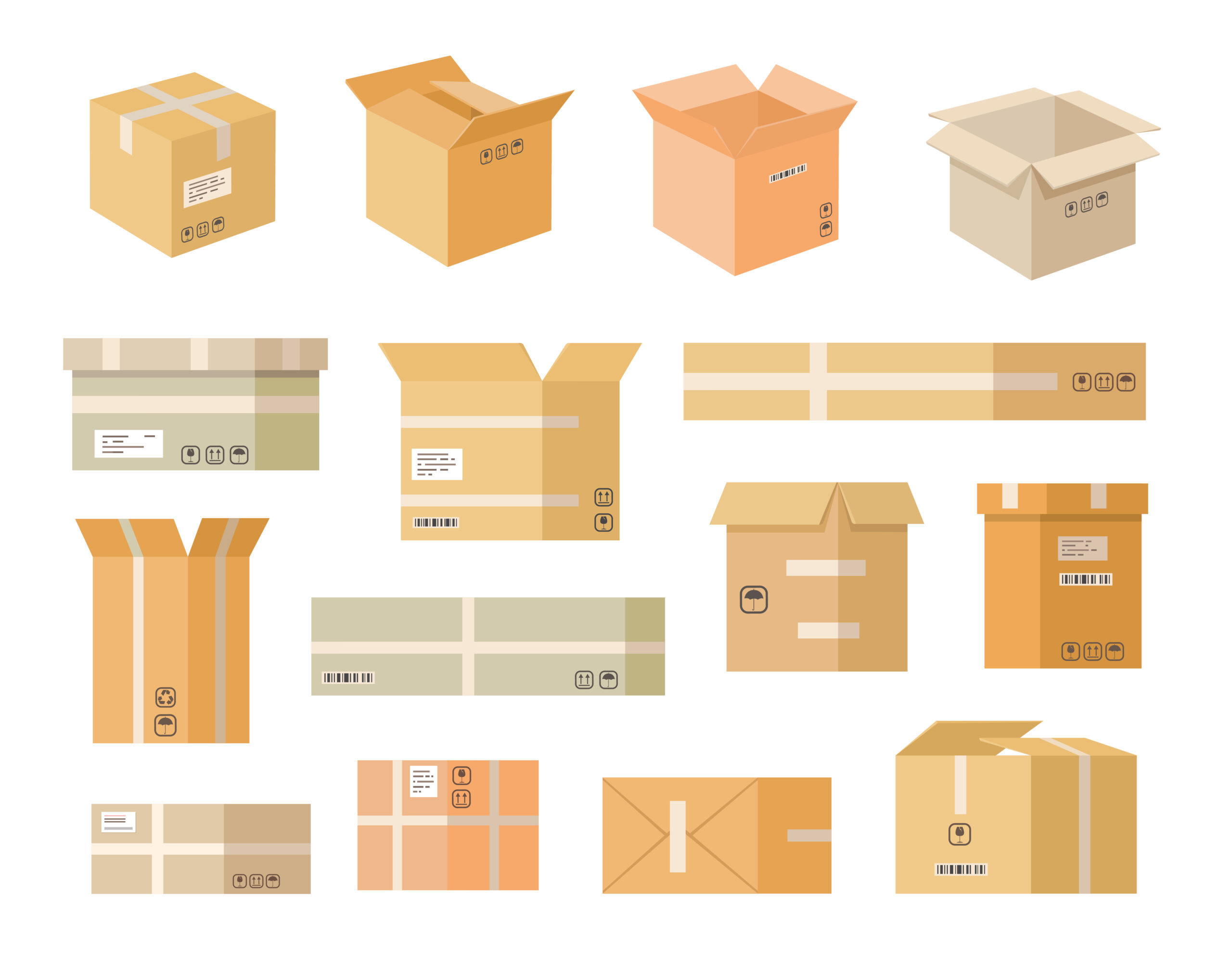 Various cardboard boxes flat icon set. Open paper and carton packages isolated vector illustration collection. Shipping, delivery and storage packaging concept